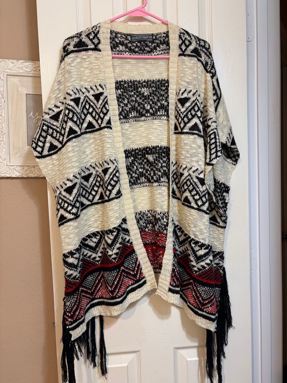 L XL Aztec Fringe Cardigan Open Front Boho Southwestern Poncho
